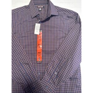 Kirkland Signature Button Down Men Medium 15-15.5 32/33 Blue Brown Plaid Shirt